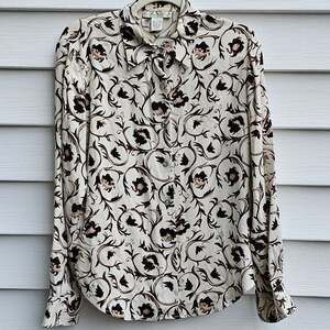 Grace Chemise Women M Floral Tie Neck Blouse Cream Brown Y2K Romantic Shirt